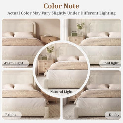 Vipbear Boucle Queen Size Bed Frame with Adjustable Headboard, Upholstered Platform Bed Frame with Wood Slats, Noise-Free Cloud Queen Bed, No Box Spring Required, Easy Assembly, Beige
