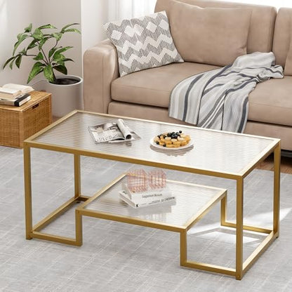 Wolawu Coffee Table Gold Glass Coffee Table for Living Room,2 Tiers Rectangle Center Table with Ribbed Glass Top and Sturdy Metal Frame,Modern Glass Accent Table for Bedroom Home Office