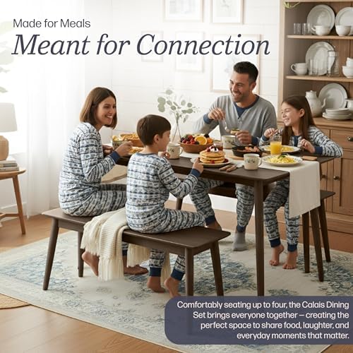 Alaterre Calais Wooden Dining Table Set for 4 with Benches, Warm Walnut