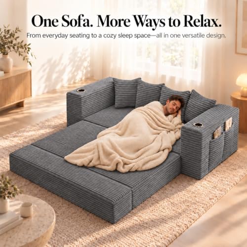 77" Convertible Sofa Bed, Boneless Pull-Out Sleeper Couch, Grey