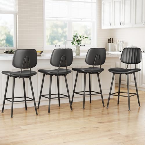Raynesys 24-Inch Leather Bar Stools Set of 4 with High Backrest, Black