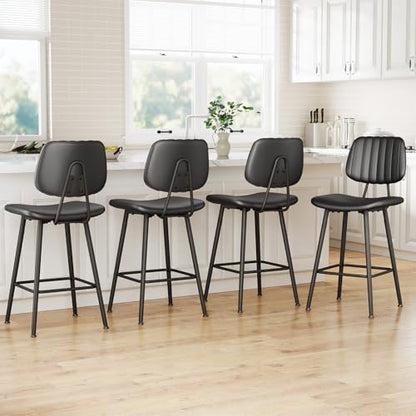 Raynesys 24-Inch Leather Bar Stools Set of 4 with High Backrest, Black