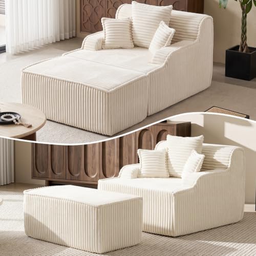 Oversized Chaise Lounge Chair Indoor, Corduroy Boneless Couch Sofa Bed, Cloud Lounge Chair Reading Chair With Pillow&Removed Ottoman, Deep Seat Sleeper Chair Bed For Living Room,Bedroom(Beige)