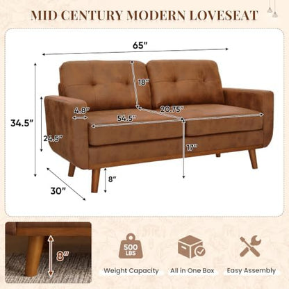 Mid Century Modern Loveseat Sofa, 65"W Upholstered Comfy Couch with Tufted Design and Square Arms, 2 Seater Small Couch with Deep Seat and Solid Wood Legs for Living Room, Bedroom, Apartment(Brown)