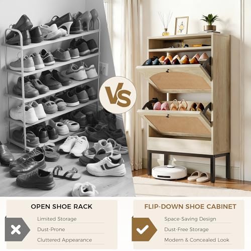 COMHOMA Shoe Cabinet with Charging Station, Slim Hidden Flip-Down Shoe Storage Organizer with Adjustable Shelves, Narrow Entryway Shoe Rack with Anti-Tip Kit (White Rattan)
