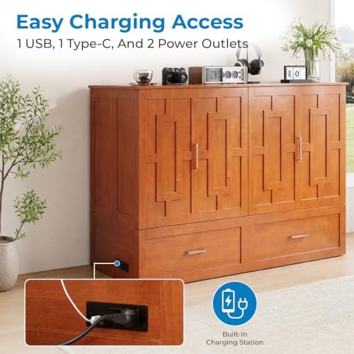 Mjkone Murphy Cabinet Bed with Tri-Folding Mattress, Queen Size Cherry