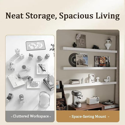 Floating Shelves for Wall, 60 Inch Extra Long White Wall Shelves, Set of 3, Hanging Invisible Brackets Floating Shelves for Living Room,Bedroom,and Kitchen