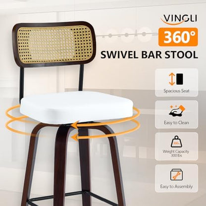 VINGLI Modern Bar Stool 26" H, PU Leather with Rattan Back, 360° Swivel, Solid Wood Legs Barstools for Kitchen Island & Home Bar, White 2 Pack