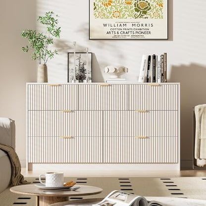 Beige 7 Drawer Dresser for Bedroom, 55.1" Wide Fluted Wood Dresser