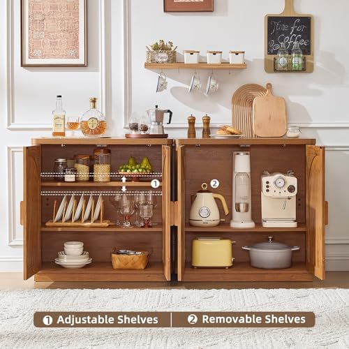 LEYAOYAO Rattan Sideboard Buffet Cabinet with Storage, 63" Coffee Bar Cabinet with 4 Arch Doors & Adjustable Shelves, Wood Console Cabinet, Boho Credenza for Living Room, Kitchen, Brown