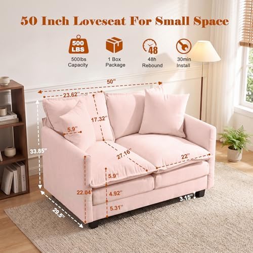 50'' Loveseat Sofa Set, Small Couch Set 2 Piece Cloud Love Seat with 27" Deep Seat Washable Chenille Pillows Couches for Small Spaces Apartment Living Room, Pink