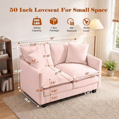 50'' Loveseat Sofa Set, Small Couch Set 2 Piece Cloud Love Seat with 27" Deep Seat Washable Chenille Pillows Couches for Small Spaces Apartment Living Room, Pink