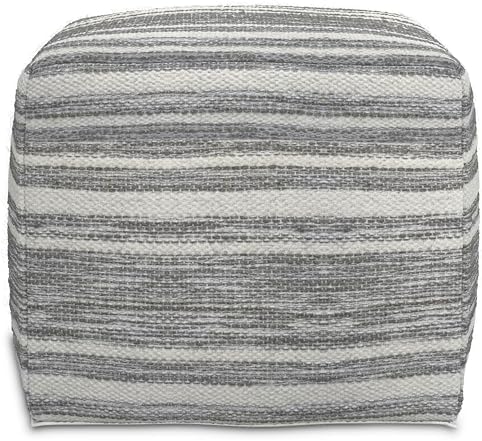 SIMPLIHOME Carina Contemporary Square Woven Pouf in Black Melange/White Wool for the Living Room, Bedroom and Kids Room