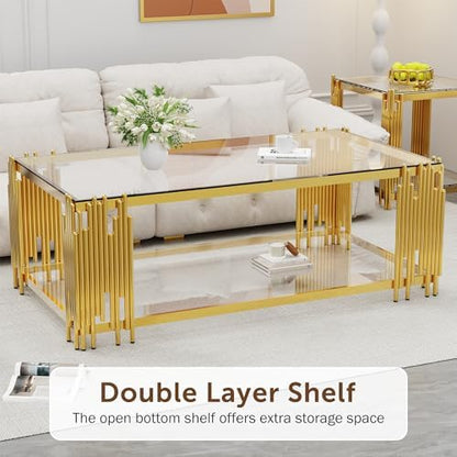 51" Luxury Glass Coffee Table Set of 4, Modern Console Table with 2 End Tables, Clear Tempered Glass Top & Golden Stainless Steel Leg, 4-Piece Living Room Table Set for Apartment Home Decor