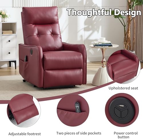Power Lift Recliner Chair with Vibration Massage and Heat for Petite Elderly, Small Lift Chair with Side Pocket Remote Control, Infinite Position, Faux Leather Red