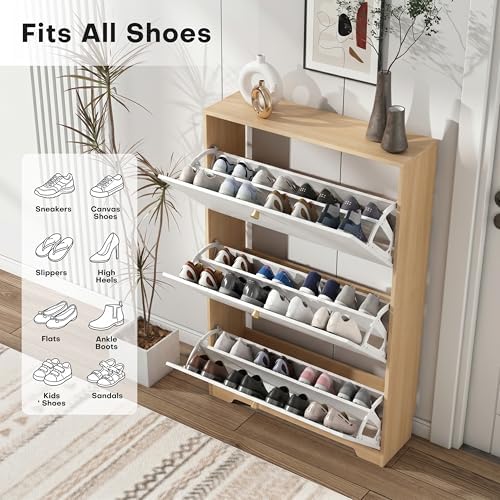 Nicetree Shoe Storage Cabinet with 3 Flip Drawer, Narrow Slim 3-Tier Shoe Organizer, Shoe Cabinet Storage for Entryway with Top Shelf and Hooks, Freestanding Wooden Shoe Rack, Natural Oak and White