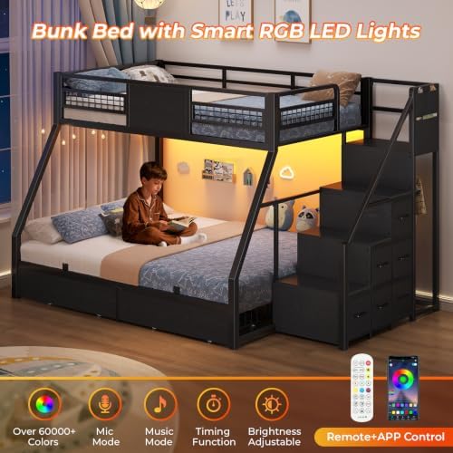 Bunk Bed Twin Over Full with Stairs, Storage Drawers and LED Lights