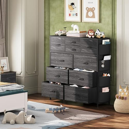 WLIVE 10 Drawer Fabric Dresser for Bedroom, Side Pocket & Hooks, Charcoal