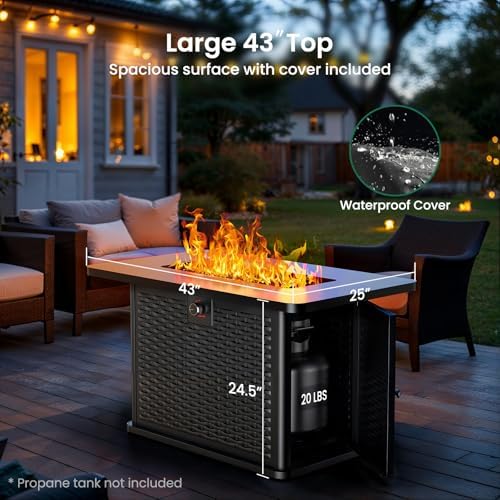 Ciays 43-Inch Rectangular Propane Fire Pit with 60,000 BTU Output, Gas with Cover & Rocks, Table CSA-Certified 2 in 1Table Gatherings Parties with 304 Stainless Steel H-Burner