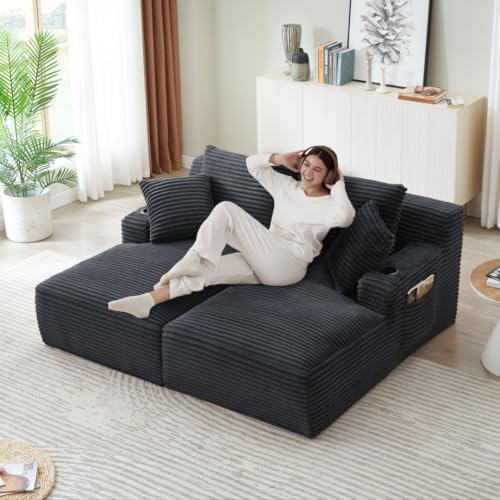 Eafurn Oversized Double Chaise Lounge Indoor with Cup Holders & Side Pocket, 71" Plush Corduroy Boneless Chaise Lounge Sofa with High Density Sponge & Deep High Seat Comfy Sleeper Couch Bed