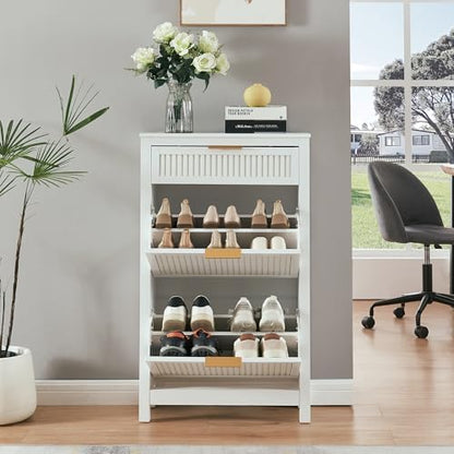 2-Flip Drawer Shoe Cabinet Narrow Entryway Rack, White