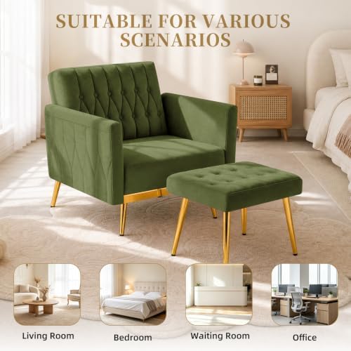 Velvet Accent Chair w/Ottoman & Adjustable Backrest, Olive Green