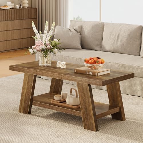 Tohomeor 47.24" Coffee Table for Living Room, Farmhouse Wooden Coffee Table with Storage, Rectangle Rustic Accent Center Table with for Home Apartment Office, Retro Brown