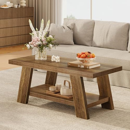 Tohomeor 47.24" Coffee Table for Living Room, Farmhouse Wooden Coffee Table with Storage, Rectangle Rustic Accent Center Table with for Home Apartment Office, Retro Brown