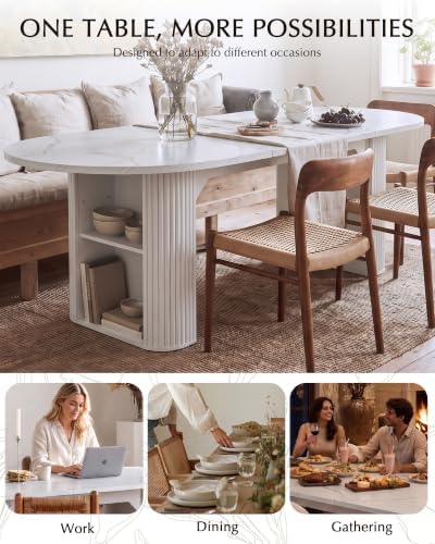 Round Extendable Dining Table, 63"-79" Oval Kitchen Table Storage, White
