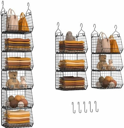 6 Tier Closet Hanging Organizer, Clothes Hanging Shelves with 4 Hanging Hooks 5 S Hooks, Wire Storage Basket Bins, for Clothing Sweaters Shoes Handbags Clutches Accessories Patent Design-Black