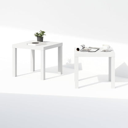 Furinno Classic Coffee Table Set of 2, Square Modern Coffee Table with Triple Thick Tabletop, Side Table with 4 Legs, for Living Room, Bedroom, Home Office, White