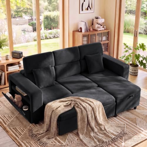 87" Modular Sectional Sofa with Pull Out Bed, Sectional Sleeper Sofa with Adjustable Headrest, Hidden Cup Holder, Storage Arm & Chaise, 4-Seater L Shaped Convertible Couch Bed for Living Room, Black