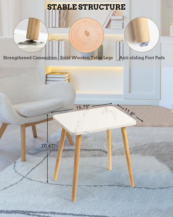 FORAOFUR Small End Table, Side Table Accent Table Living Room Bedroom Balcony Office, Modern Bedside Table Home Decor, Mini Table for Small Spaces, Short Coffee Table, Easy Assembly, Marble White | Marble Solid wood legs for stability, fits sofa/bedsid...