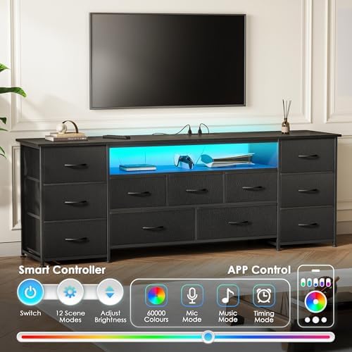 Huuger 63 Inch TV Stand for 65, 70 Inch TV, 11 Drawer Long Dresser with Power Outlets and LED Lights, Entertainment Center with Storage, Black Dresser with PU Leather Surface