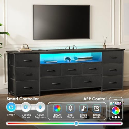 Huuger 63 Inch TV Stand for 65, 70 Inch TV, 11 Drawer Long Dresser with Power Outlets and LED Lights, Entertainment Center with Storage, Black Dresser with PU Leather Surface