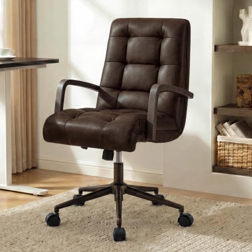 KISLOT Home Office Desk Chair, Ergonomic Office Chair with Square-Patterned Leather Upholstery, Adjustable Swivel Computer Chair with Wood Arms & Wheels, Soft-Rounded Front Edge, Espresso