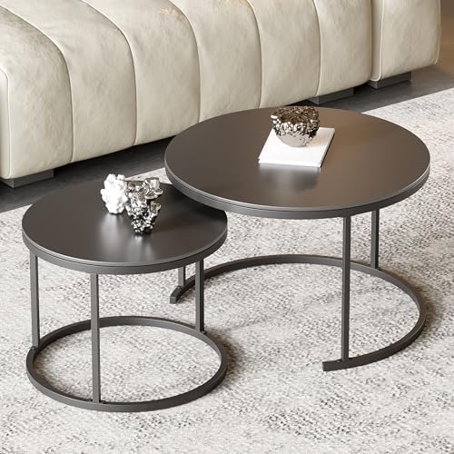 Round Nesting Coffee Table, Black Modern Decorative Coffee Center Table Set of 2, Sintered Stone Coffee Table for Living Room with Sturdy Metal Frame.