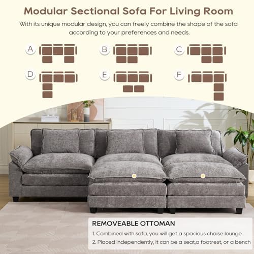 IPKIG 117" Modular Sectional Cloud Couch, Modern U-Shaped Sofa with Ottoman