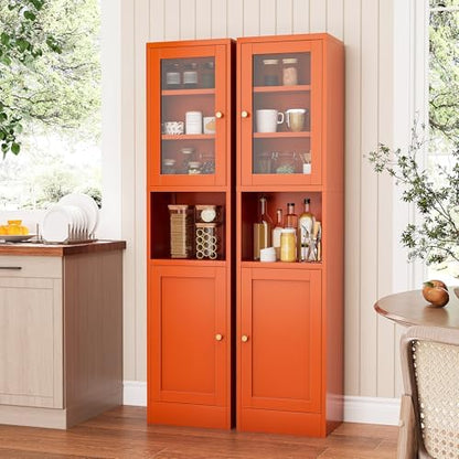 Metal Bathroom Storage Cabinet, Tall Narrow Cabinet with Glass Doors Ajustable Shelves Open Countertop, Slim Sideboard for Small Spaces, Living Room, Kicthen, Dining Room