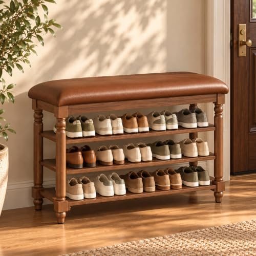 Yoobure Shoe Rack for Entryway - 39.4" Wood Shoe Storage Bench with Cushion