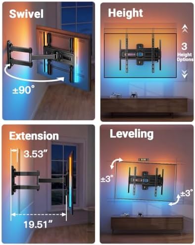 Pipishell Full Motion TV Wall Mount with LED Lights for 32–65 Inch TVs