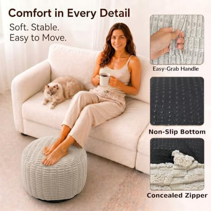 Round Pouf Ottoman, Light Gray, 20"x13", Corduroy Foot Rest