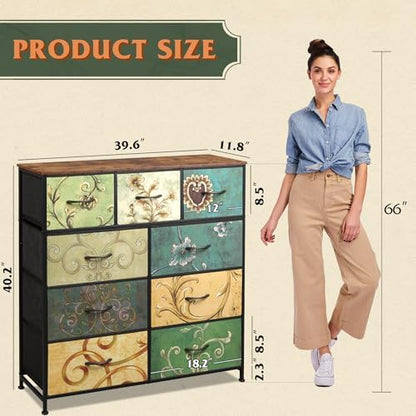 WLIVE Tall Dresser for Bedroom, 9 Drawer Chest of Drawers, Floral