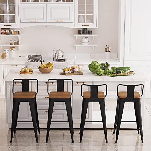 Bar Stools Set of 4 Metal Bar Stool Counter Height Bar Stools Black, Modern Bar Chairs with Back and Wooden Seat 30" Bar Stool Counter Height
