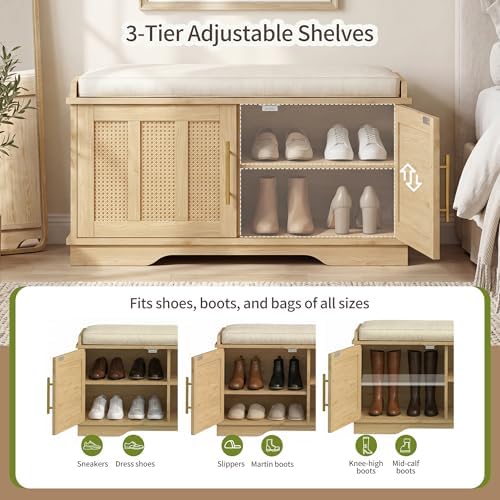 Heybly Shoe Cabinet with Bench, Rattan Storage Bench with Cushion, HSB001N