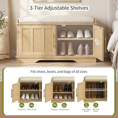 Heybly Shoe Cabinet with Bench, Rattan Storage Bench with Cushion, HSB001N