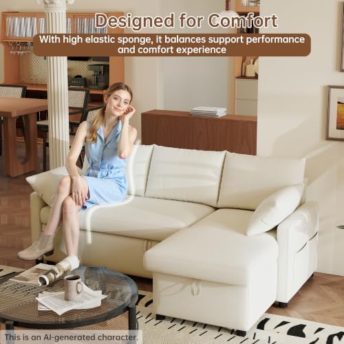 Sofa Bed, 80'' L-Shaped Chenille Sleeper Sofa, Beige