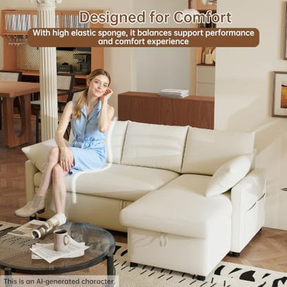Sofa Bed, 80'' L-Shaped Chenille Sleeper Sofa, Beige
