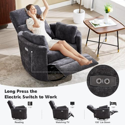 Power Recliner Nursery Swivel Rocking Glider Chair,Upholstered Electric Adult Nursing Recliner Rocker Chair with USB Port with 2 Pillows for Nursery Living Room Bedroom (Dark Grey,Power-Driven)