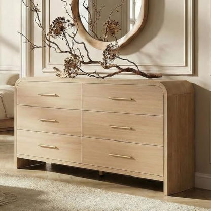 Curved 6-Drawer Dresser for Bedroom, 54" Wide Modern Chest of Drawers, Vanity Desk TV Stand for Living Room, Closet Storage Drawers Organizer Furniture, Nursery, Hallway, Gray Oak
